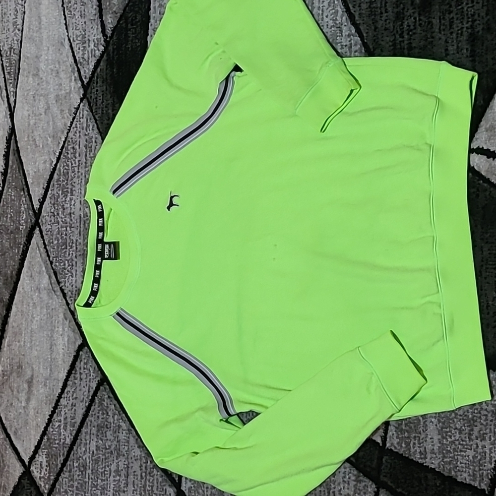 VS PINK 2015 Campus Neon Green Embroidered Logo Sweatshirt PRICE FIRM